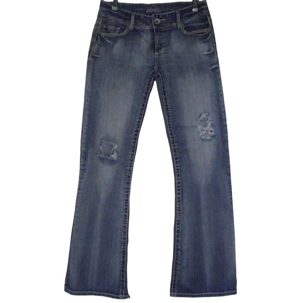 Vanity Jeans 28W X 33L Low Rise Flare Leg embellished pocket flaps embroidered
